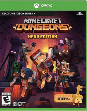 Minecraft Dungeons Hero Edition packaging for Xbox with characters and game elements.
