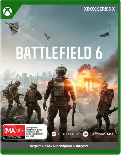 Cover of 'Battlefield 6' for Xbox Series X with soldiers and explosions.