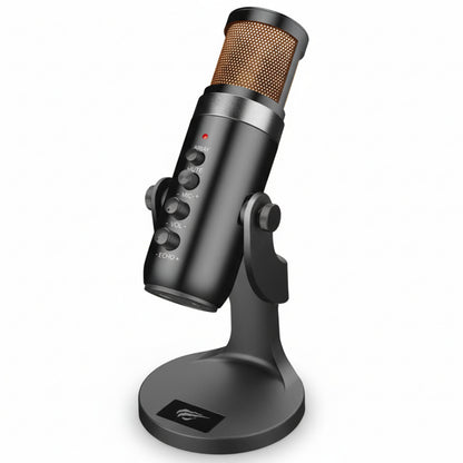 Black USB microphone on a white background