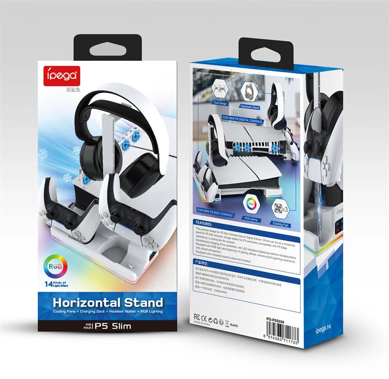 IPEGA RGB Horizontal Cooling Stand with Charging Station & Headset Holder For PS5 Slim & Pro IPEGA