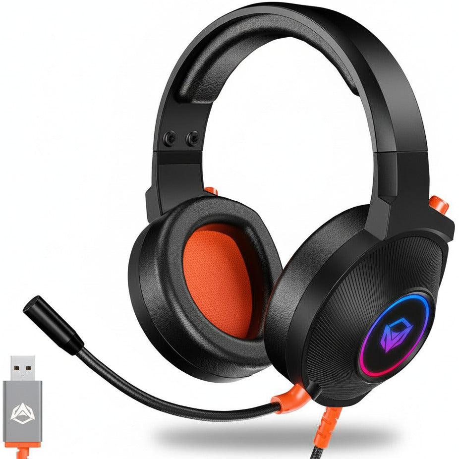 Black gaming headset with orange accents and USB cable on a white background
