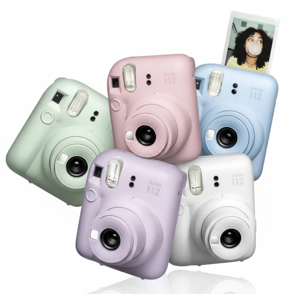 Five colorful instant cameras on a white background