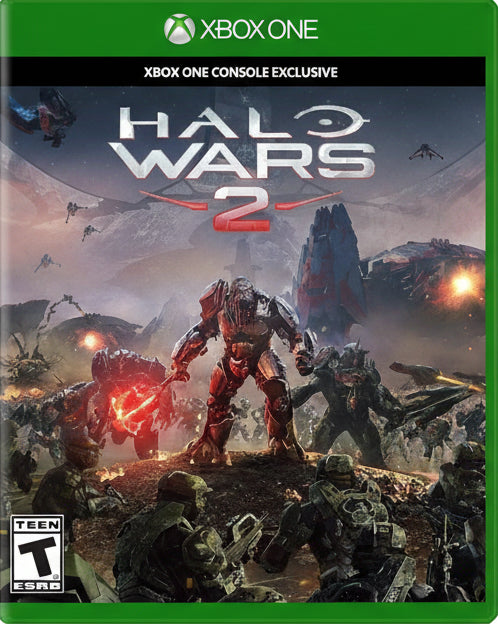 Halo Wars 2 game cover for Xbox One with robots and soldiers on a battlefield.