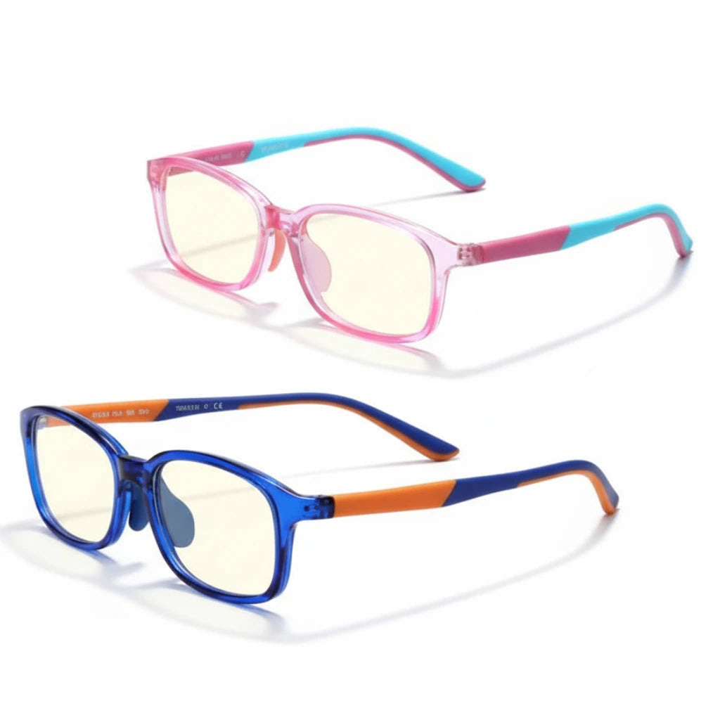 Two pairs of colorful glasses on a white background