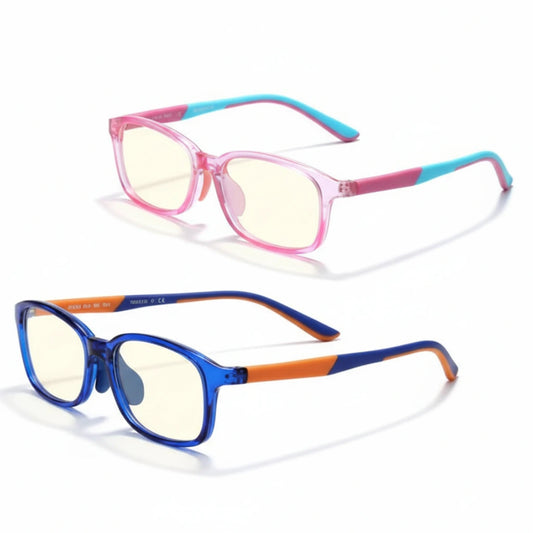 Two pairs of colorful glasses on a white background