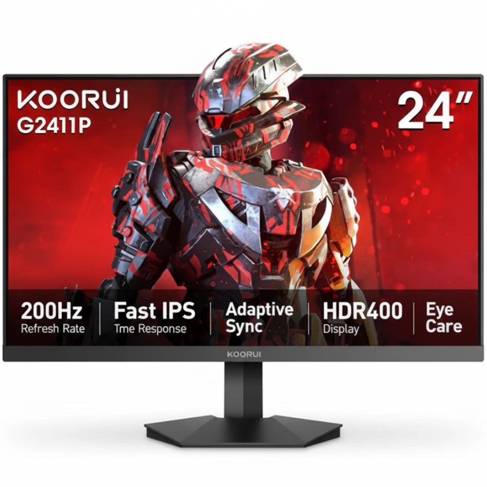 Koorui G2411P monitor with gaming-themed design on screen