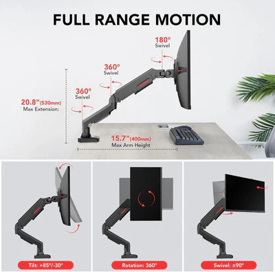 KOORUI KR20Y Monitor Mount for Flat & Curved Monitors, VESA 75 & 100 mm Desk Mount, Adjustable Height with Tilts, Swivels, Rotates, Increased Load Capacity of 2-9 kg