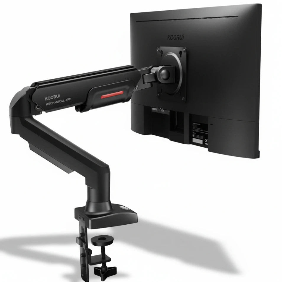 Monitor mounted on a black adjustable arm with a white background