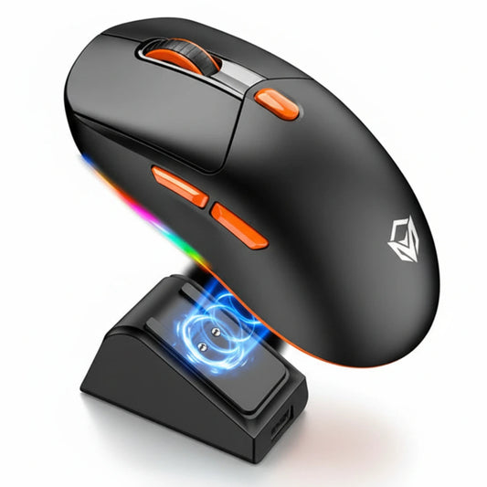 Black gaming mouse with RGB lighting on a white background