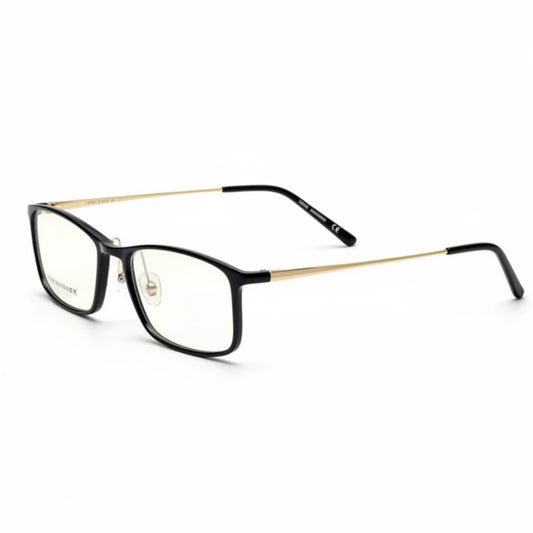 Black and gold eyeglasses on a white background