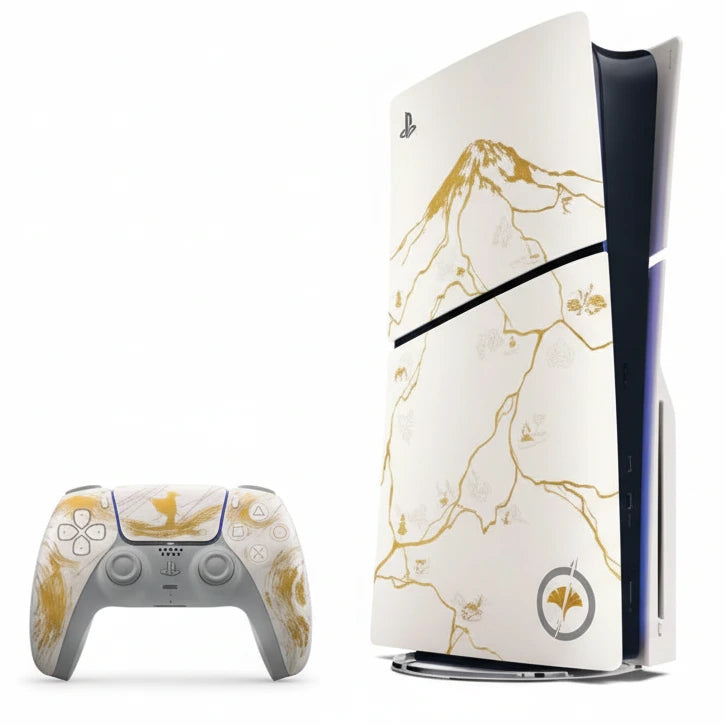 Gaming console and controller with gold marble design on a white background