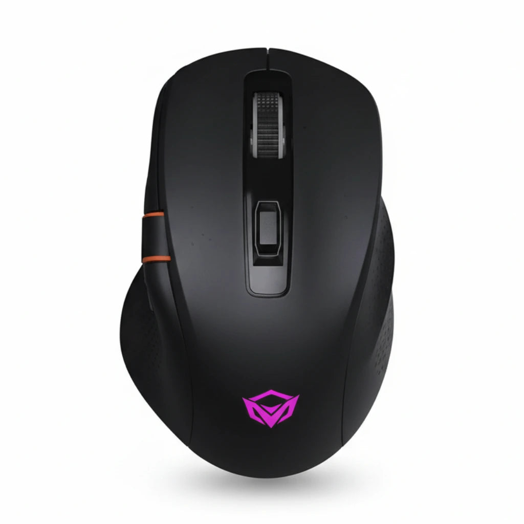 Black gaming mouse with purple logo on a white background