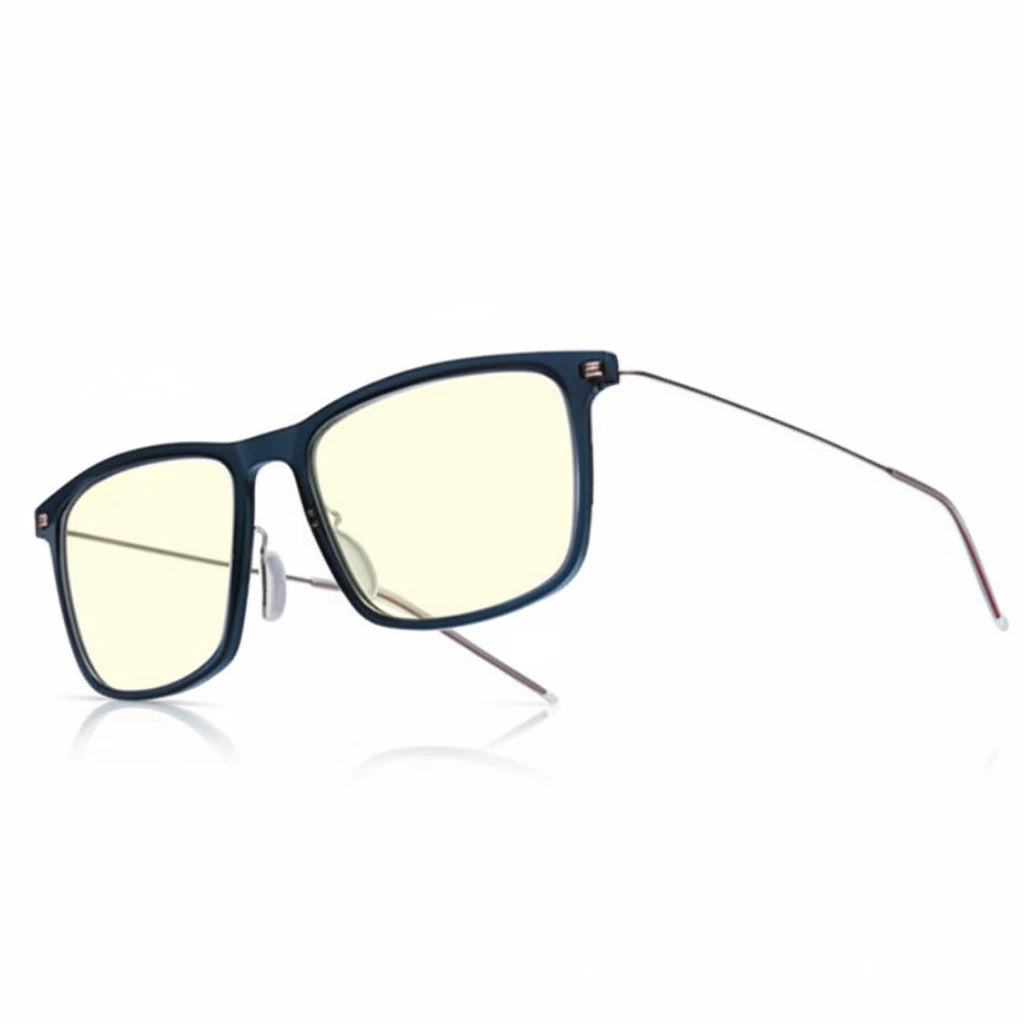 Blue-framed sunglasses with a white background