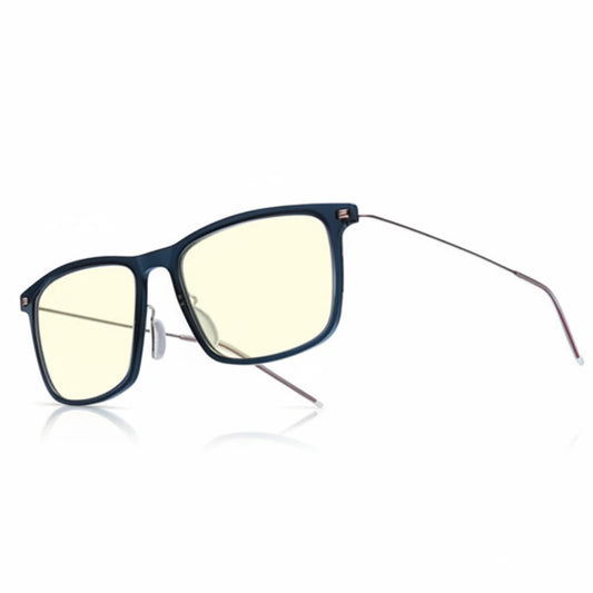 Blue-framed sunglasses with a white background
