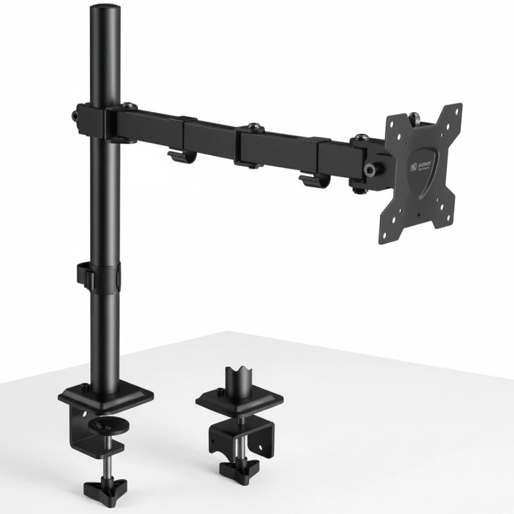 Black monitor stand with adjustable arm on a white background