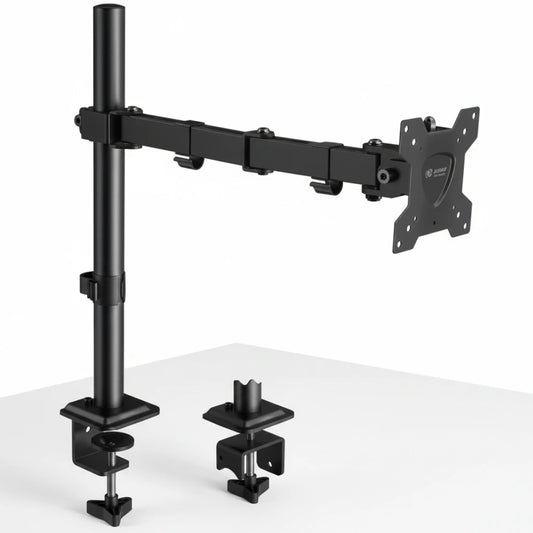 Black monitor stand with adjustable arm on a white background