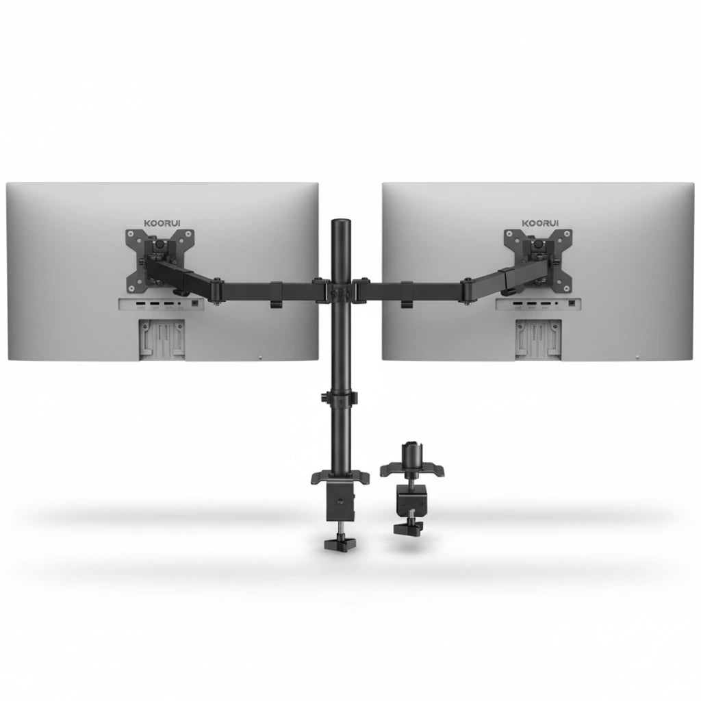 Monitor stand with dual arm holding two screens on a white background