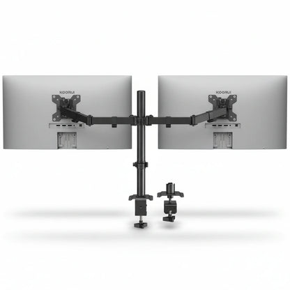 Monitor stand with dual arm holding two screens on a white background