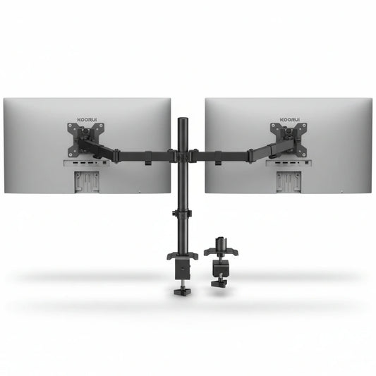 Monitor stand with dual arm holding two screens on a white background