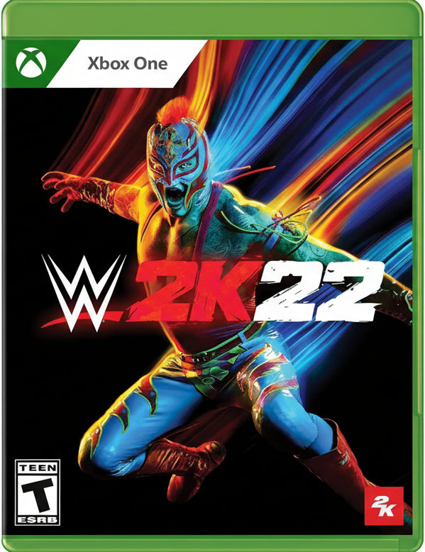 WWE 2K22 game cover with a wrestler in colorful gear against a black background