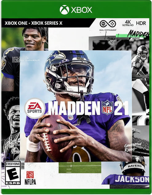 Madden NFL 21 video game cover featuring a player in a purple jersey holding a football.