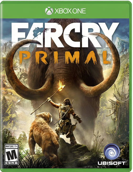 Game box for 'Far Cry Primal' on Xbox One with a mammoth and hunter illustration.