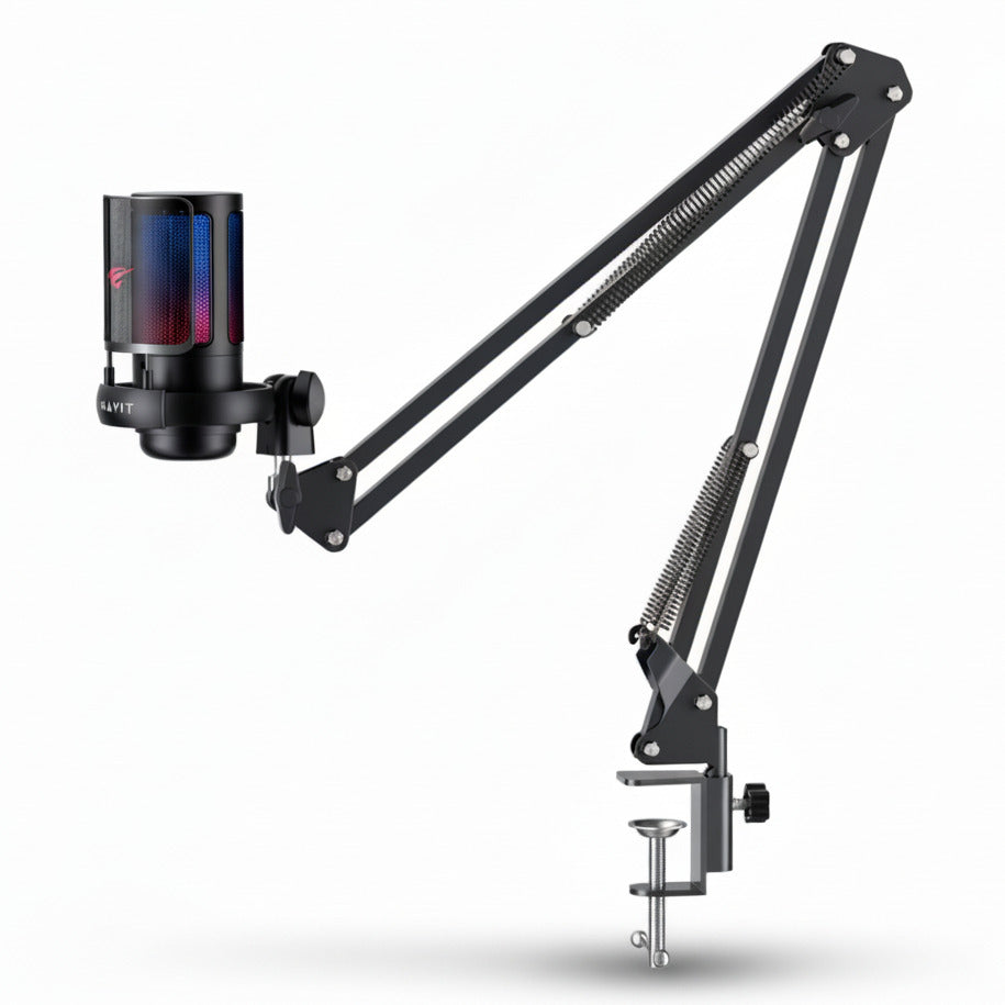 Microphone stand with a microphone on a white background