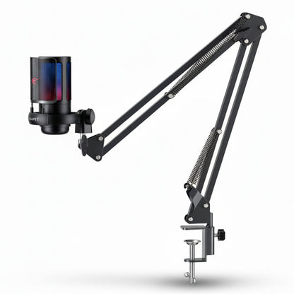 Microphone stand with a microphone on a white background