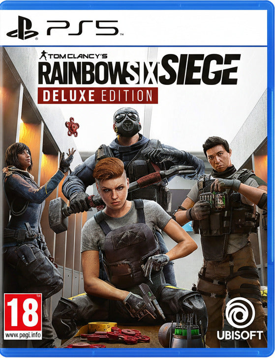 Tom Clancy's Rainbow Six Siege Deluxe Edition game cover with characters and Ubisoft logo.