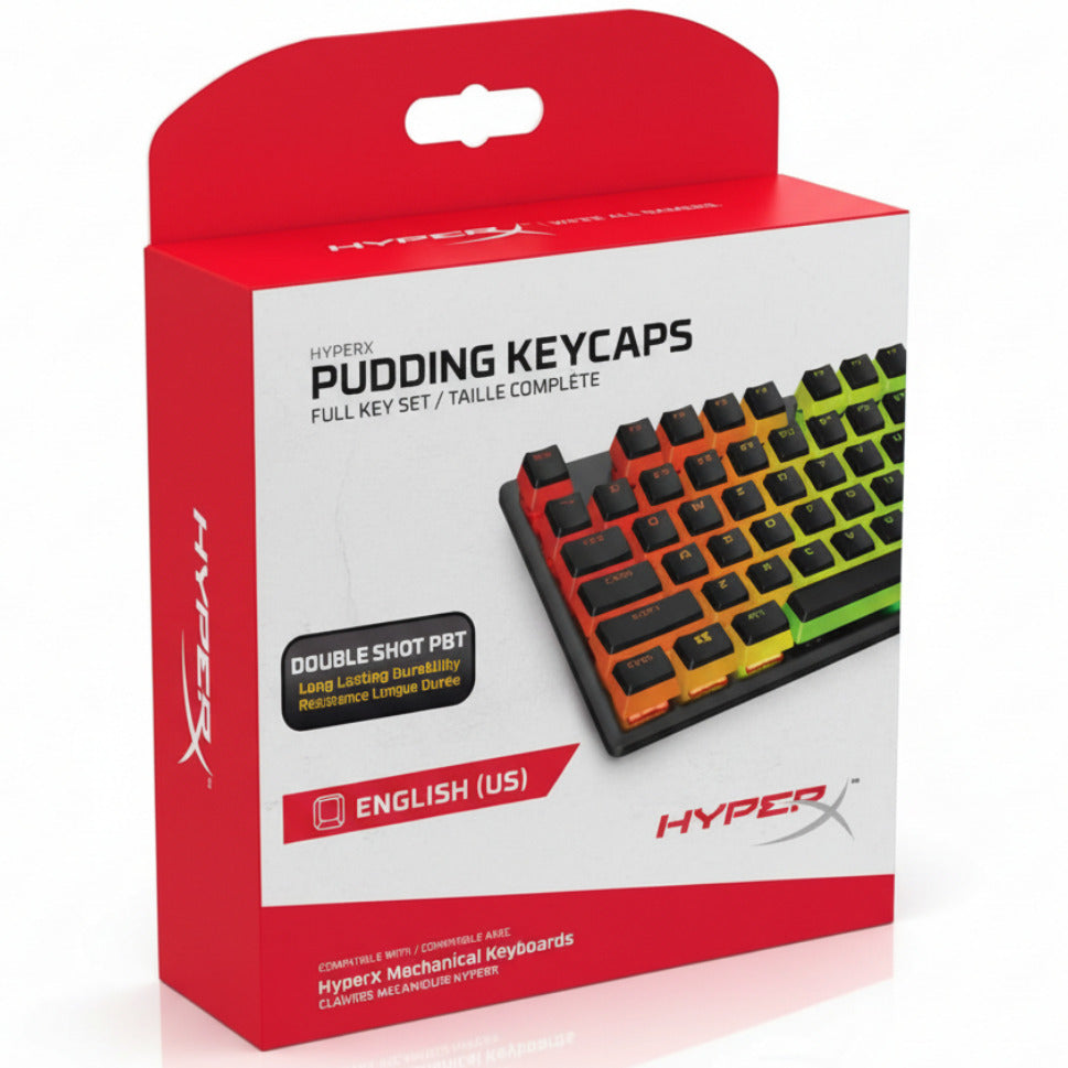 HyperX Pudding Keycaps packaging with a keyboard image on a white background