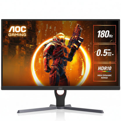 Gaming monitor with AOC branding and gaming graphics on a white background