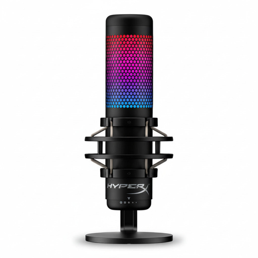 Black microphone with RGB lighting on a white background, featuring the HyperX logo.