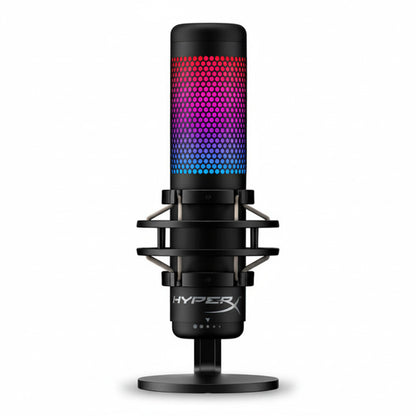 Black microphone with RGB lighting on a white background, featuring the HyperX logo.