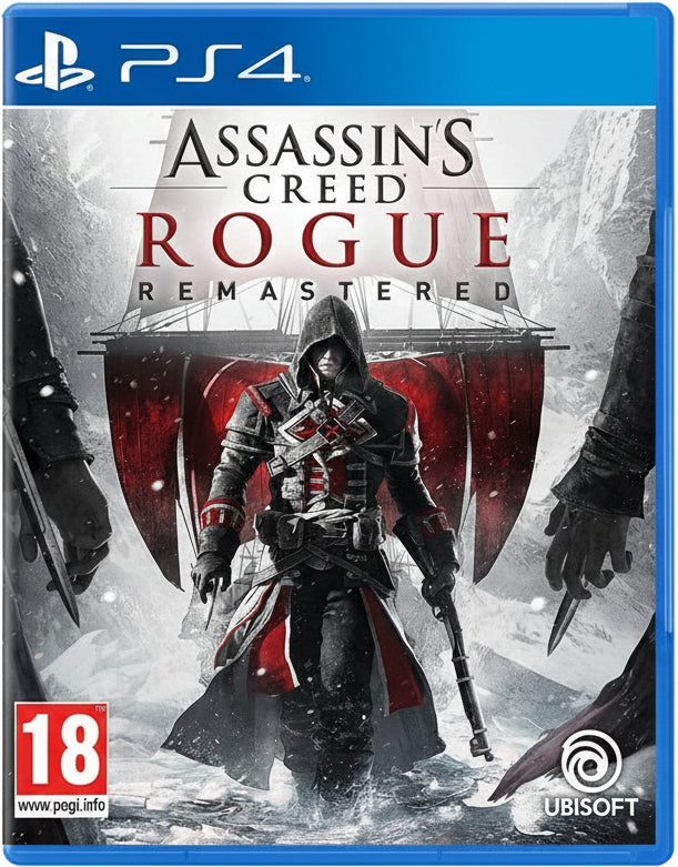 Assassin's Creed Rogue Remastered game cover for PS4 with character and shield design.