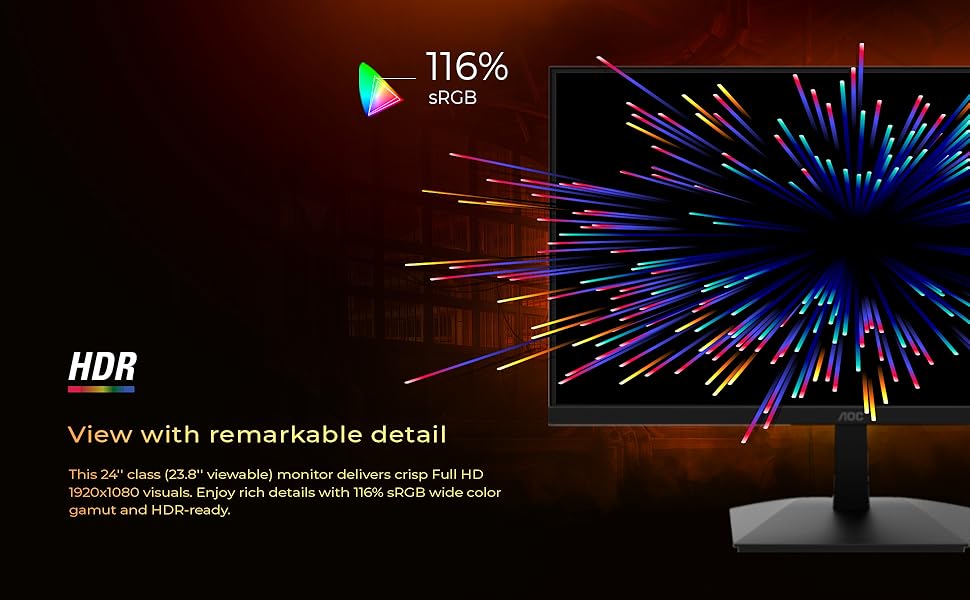 AOC 24G15N 24" Gaming Monitor, Full HD 1920x1080, 180Hz 1ms, 1x HDMI 2.0, 1x Display Port, Adaptive-Sync, 3-Sided Frameless, HDR Ready, Console Gaming Ready