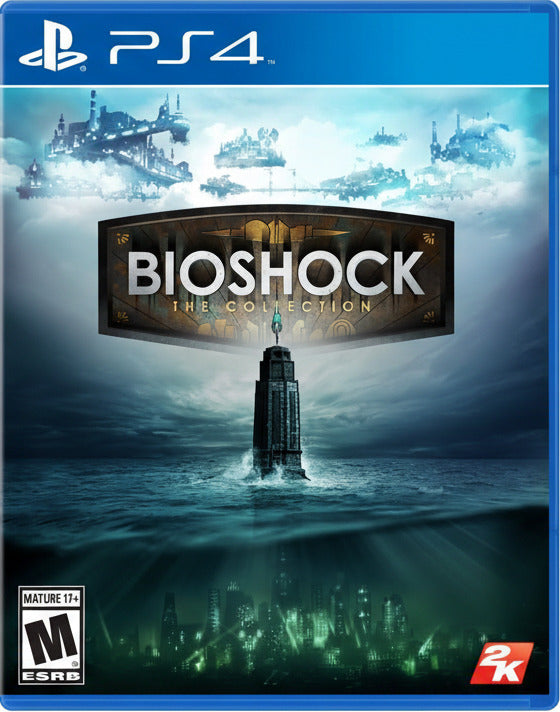 Game cover of 'BioShock: The Collection' for PS4 with underwater city and tower.