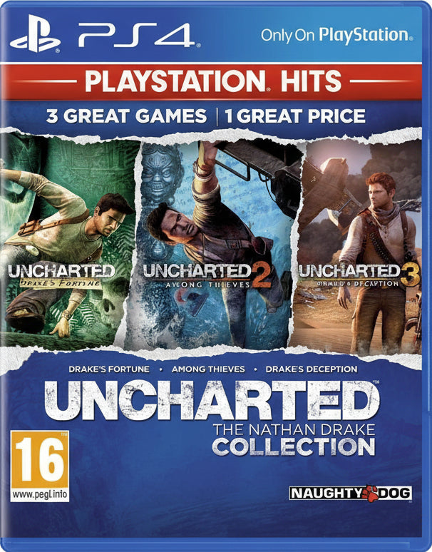 PlayStation Hits bundle packaging for 'Uncharted' games on PS4 with branding and game covers.