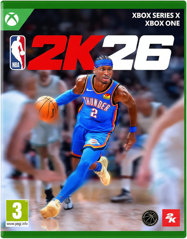 NBA 2K26 video game cover featuring a player in a blue jersey with a basketball, on a green background.