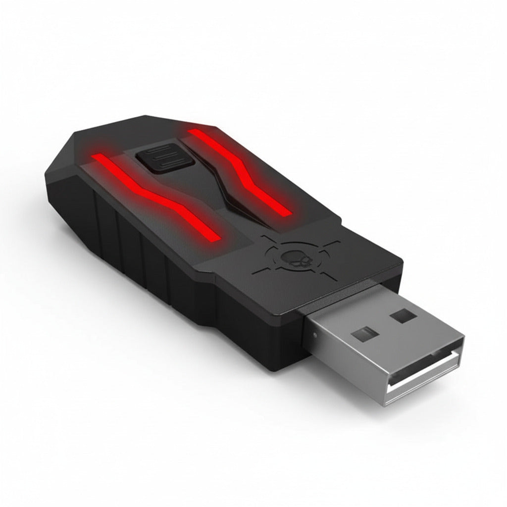 Black USB flash drive with red lighting on a white background