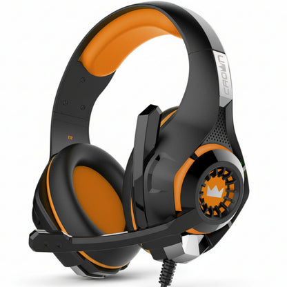 Black and orange gaming headset on a white background