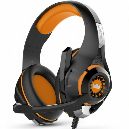 Black and orange gaming headset on a white background