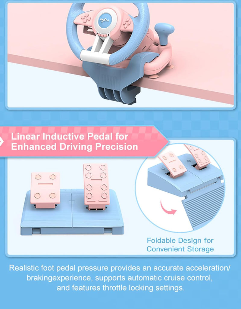 PXN V3 Pro 180 Degree Steering Wheel with Pedals, Vibration Feedback fot for PC, PS3, PS4, Xbox One & Series XS, Nintedno Switch - Blue/Pink PXN