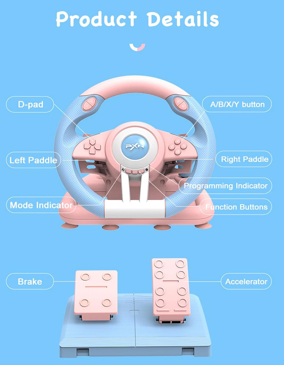 PXN V3 Pro 180 Degree Steering Wheel with Pedals, Vibration Feedback fot for PC, PS3, PS4, Xbox One & Series XS, Nintedno Switch - Blue/Pink PXN