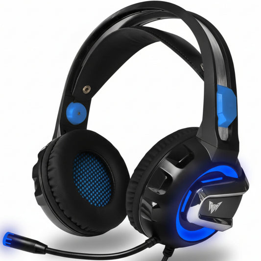 Black gaming headset with blue accents on a white background