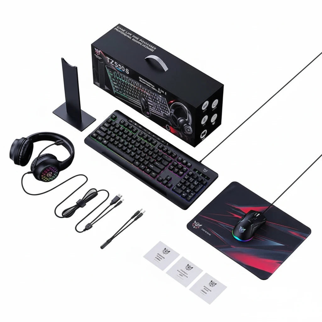 Gaming accessories including keyboard, mouse, headset, and mouse pad on a white background