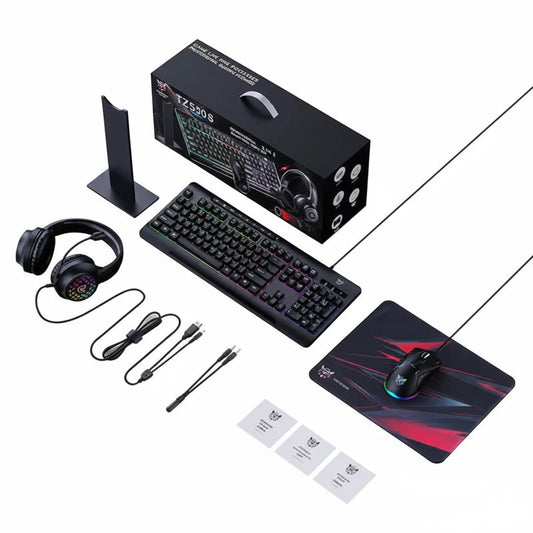 Gaming accessories including keyboard, mouse, headset, and mouse pad on a white background
