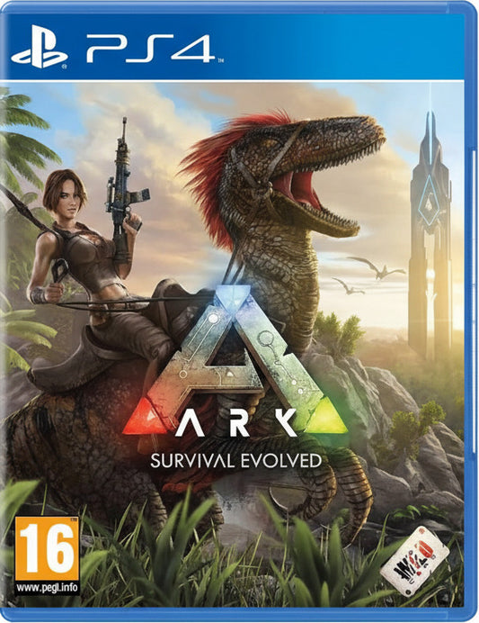 Game cover of 'Ark: Survival Evolved' for PS4 with a dinosaur and human figure.