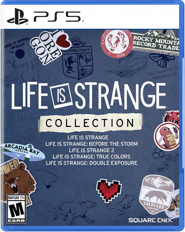 PlayStation 5 game case for 'Life is Strange Collection' with various logos and graphics on a blue background.
