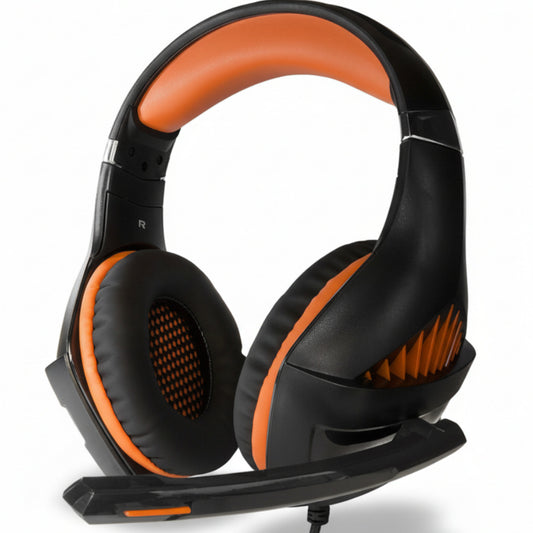 Black and orange gaming headset with microphone on a white background