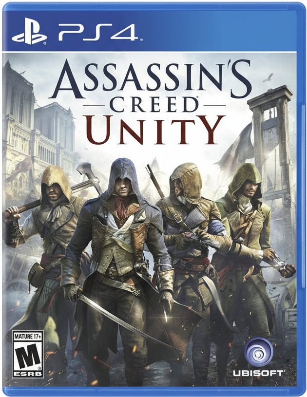 Assassin's Creed Unity game cover for PS4 with characters and Ubisoft logo.